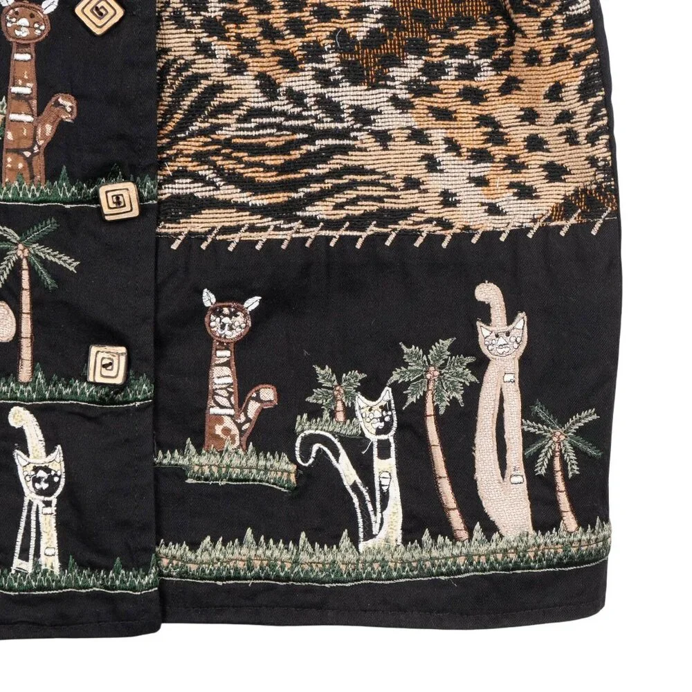 Life Style VTG Vest L Womens Black Cats Leopard Zebra Print Safari Embroidery - Picture 3 of 6